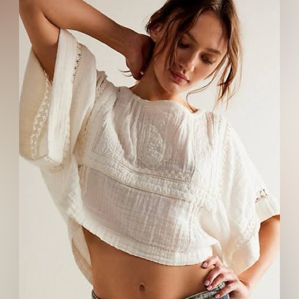 🤍 Free People Eden Blouse Tee Ivory Embroidered • Brand New